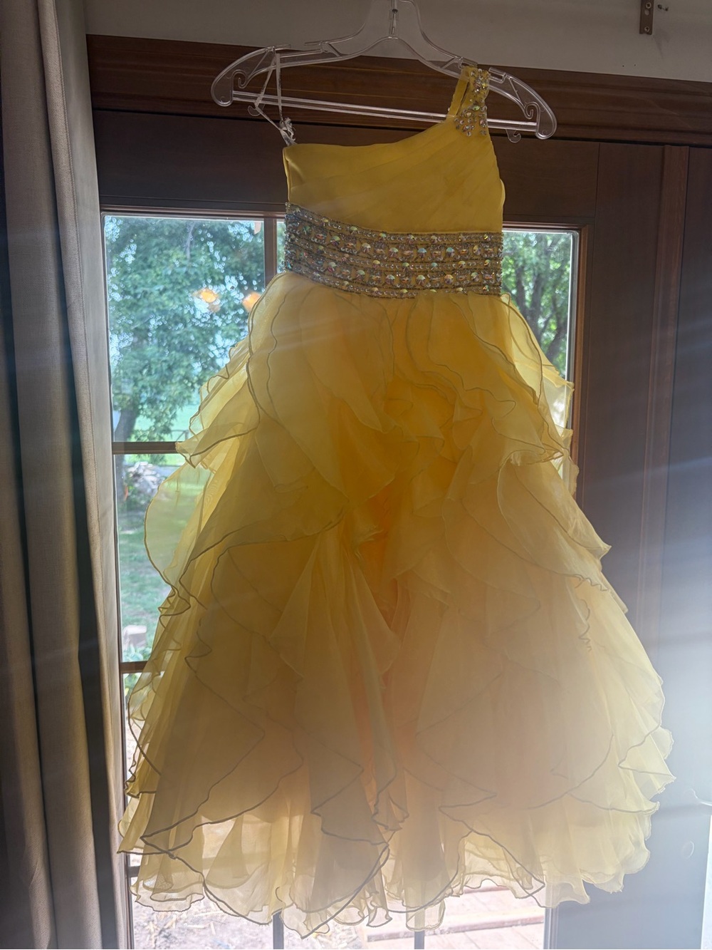 Tiffany Designs Yellow One-Shoulder Ruffle Gown with Jeweled Waist